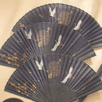 Hand-Painted Crane and Plum Blossom Fan with Carved Wooden Ribs and Silk Tassel, One Size
