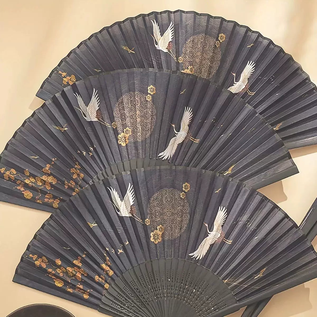Hand-Painted Crane and Plum Blossom Fan with Carved Wooden Ribs and Silk Tassel, One Size