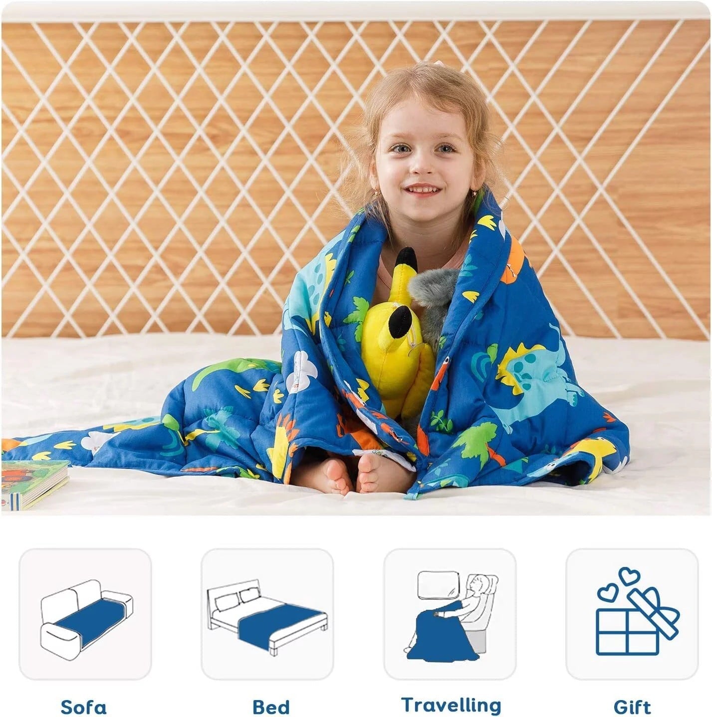 Children's Blanket Cotton Dinosaur Design Blue Cozy Bed Throw