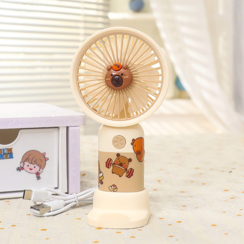 Women’s Portable Hand Fan Cute Bear Design Rechargeable LED Light Compact Handheld Fan