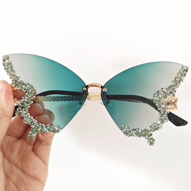 Women’s Butterfly Sunglasses with Sparkling Stones Green Accents UV Protection Lightweight