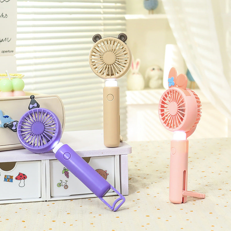 Portable Handheld Fan with LED Light and Animal Ear Design USB Rechargeable Quiet Operation