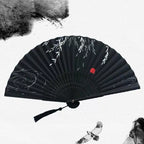 Handmade Bamboo Folding Fan Women’s Hand-Painted Willow Pattern Decorative Tassel