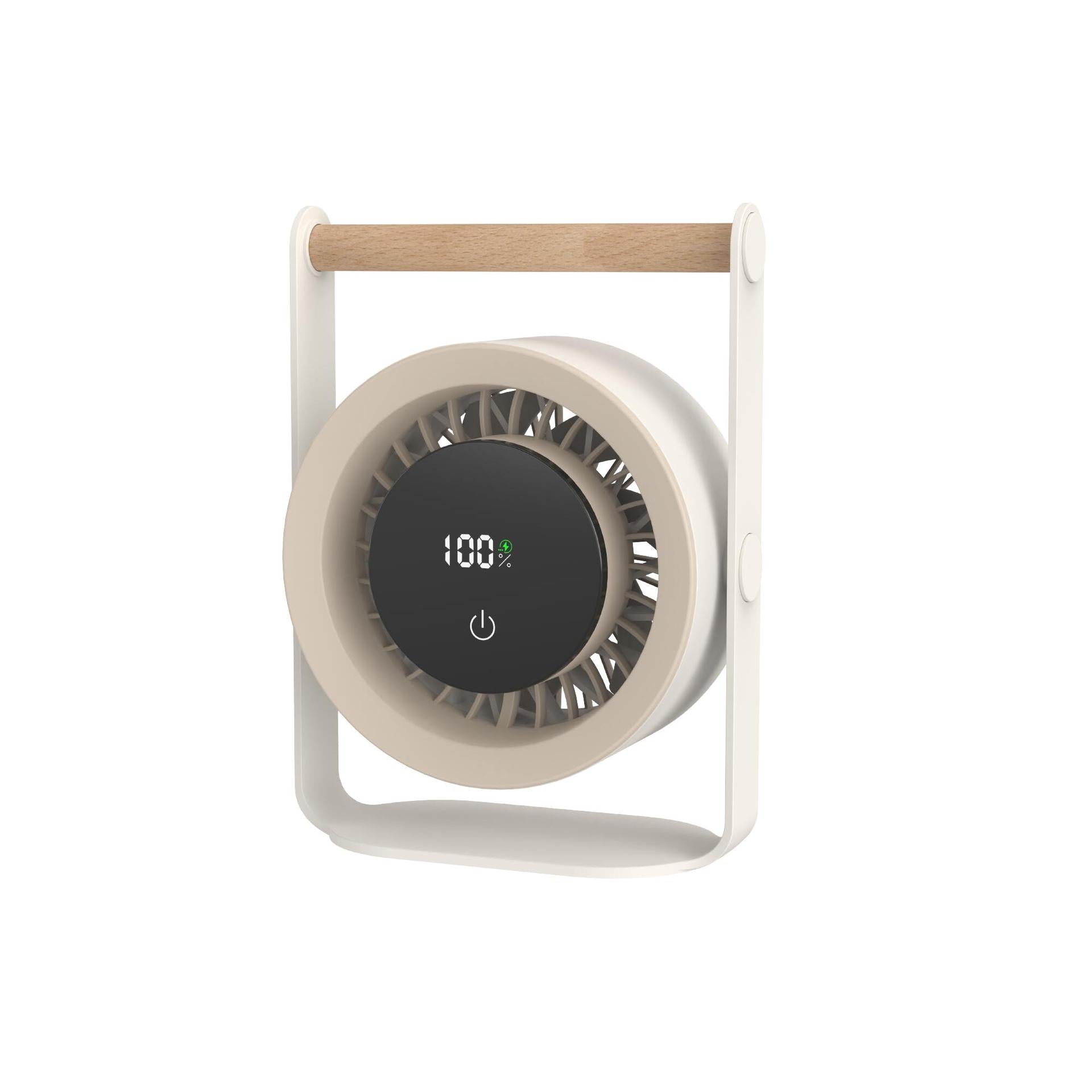 Compact Rechargeable Cooling Fan Portable Silent with LED Display and Wooden Handle