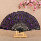 Handmade Ladies Fan Black Fabric Wood Blue Floral Embroidered Design