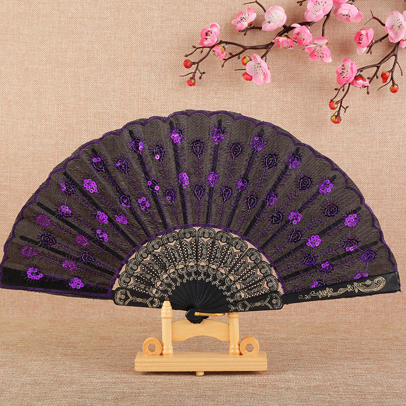 Handmade Ladies Fan Black Fabric Wood Blue Floral Embroidered Design