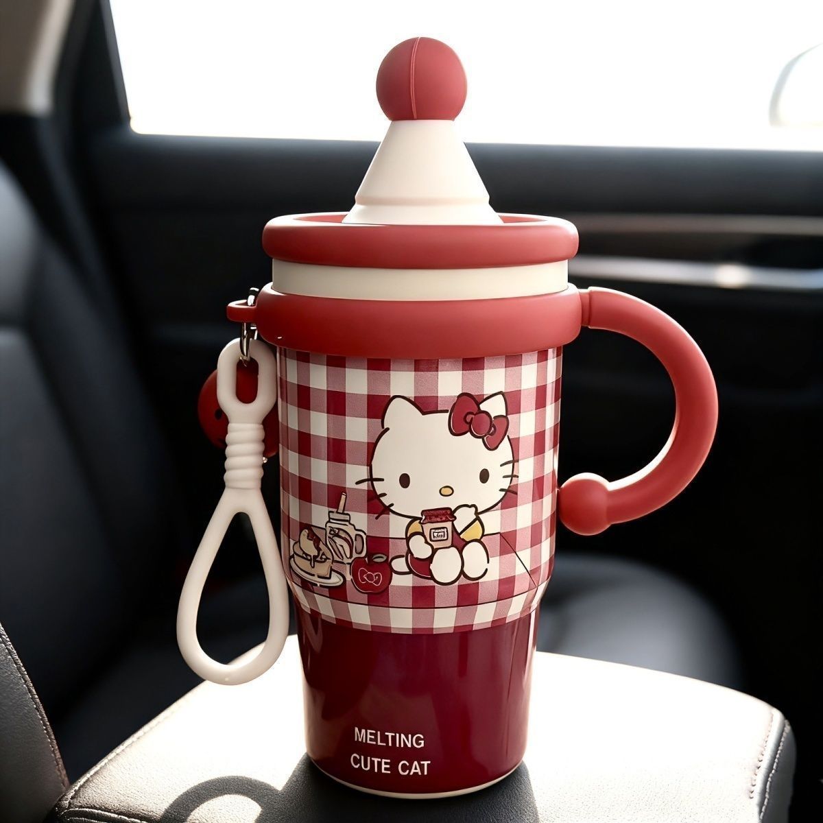 Insulated Women's Drinking Cup With Cute Cat Design Leak-Proof Flip Lid Ergonomic Handle