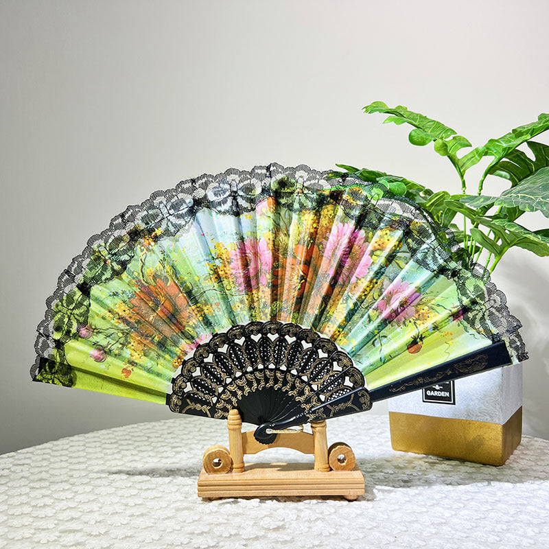 Ladies Elegant Hand Fan Floral Design Lace Edges Compact Lightweight