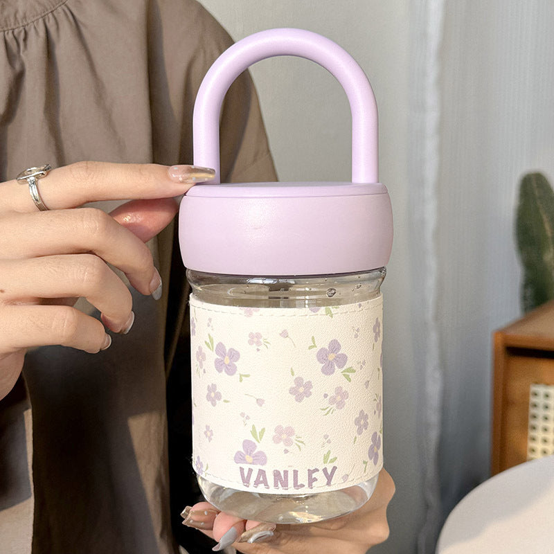 Women’s Glass Drinking Cup with Leak-Proof Lid and Playful Dog Design with Handle