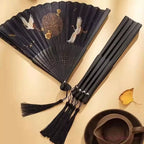 Hand-Painted Crane and Plum Blossom Fan with Carved Wooden Ribs and Silk Tassel, One Size