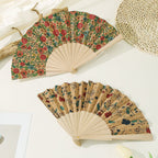 Women's Handmade Wooden Fan with Floral Motifs Elegant Fabric Folding Fan