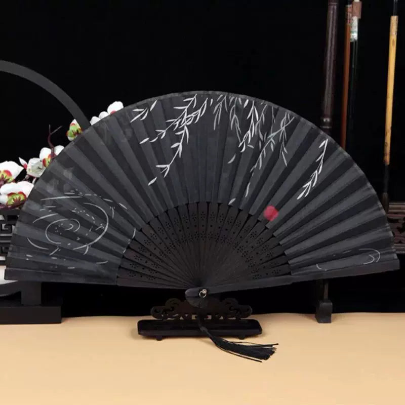 Handmade Bamboo Folding Fan Women’s Hand-Painted Willow Pattern Decorative Tassel