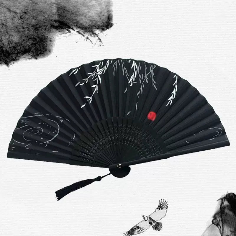 Handmade Bamboo Folding Fan Women’s Hand-Painted Willow Pattern Decorative Tassel