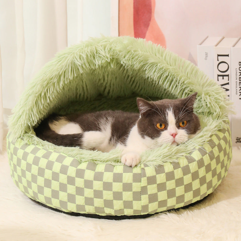 Cozy Cat Bed Soft Check Pattern Indoor Outdoor Pet Nest