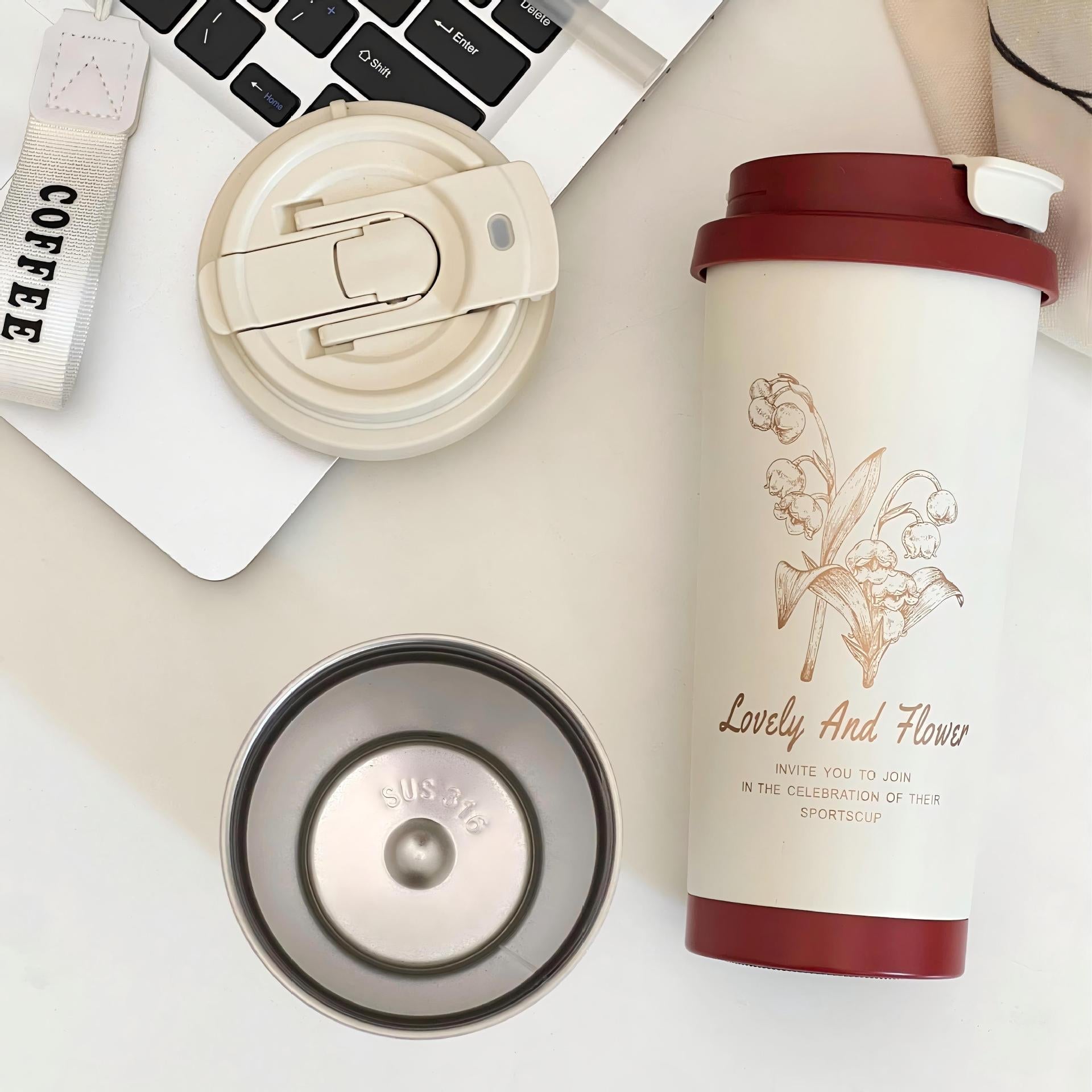 Women Travel Mug Insulated Stainless Steel Leak-Proof with Elegant Floral Illustration