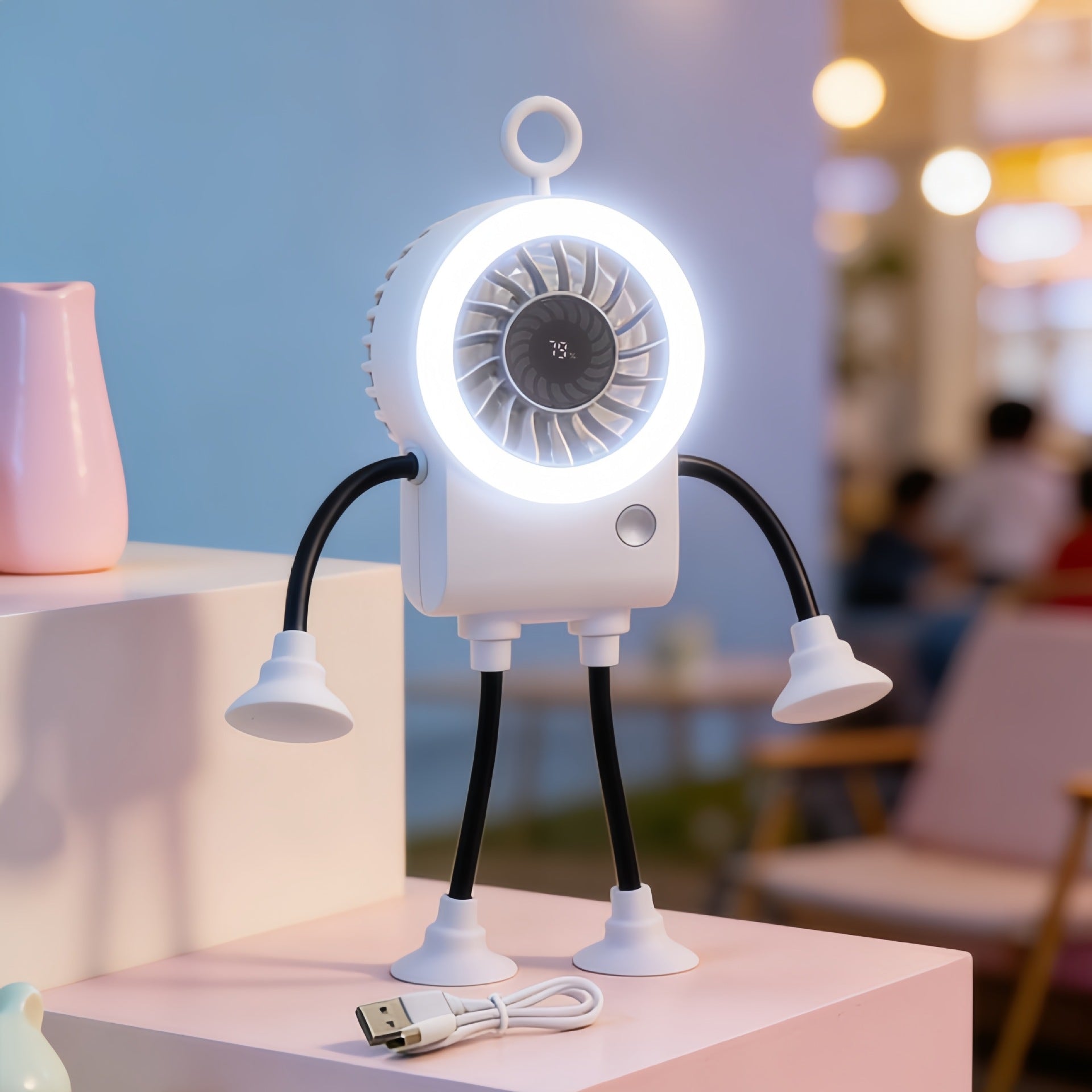 Creative Table Fan with LED Light and Ergonomic Flexible Legs Compact Portable Cooling Fan for Desk or Nightstand