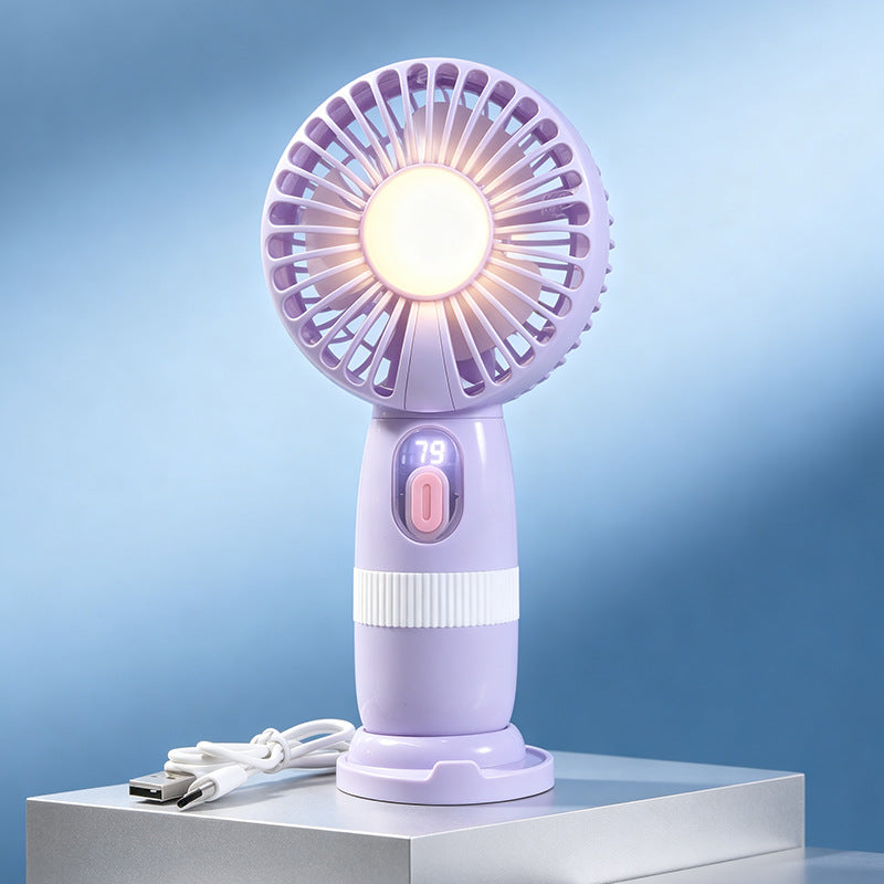 Portable USB Hand Fan with LED Light and Digital Temperature Display for Women