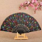 Handmade Ladies Fan Black Fabric Wood Blue Floral Embroidered Design