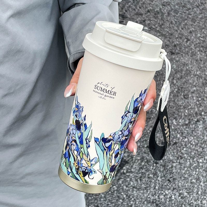 Insulated Travel Mug Leak-Proof Lid Cherry Blossom Design BPA-Free Plastic Handle