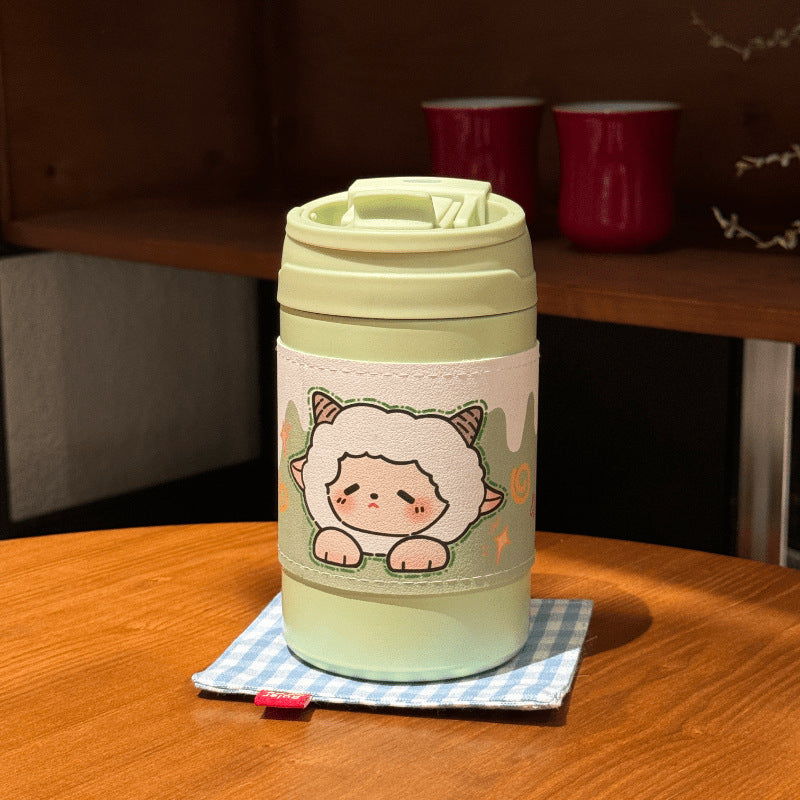 Women's Insulated Plastic Coffee Mug Double-Walled Flip Lid Cute Rabbit Design