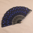 Handmade Ladies Fan Black Fabric Wood Blue Floral Embroidered Design
