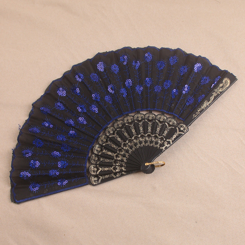 Handmade Ladies Fan Black Fabric Wood Blue Floral Embroidered Design