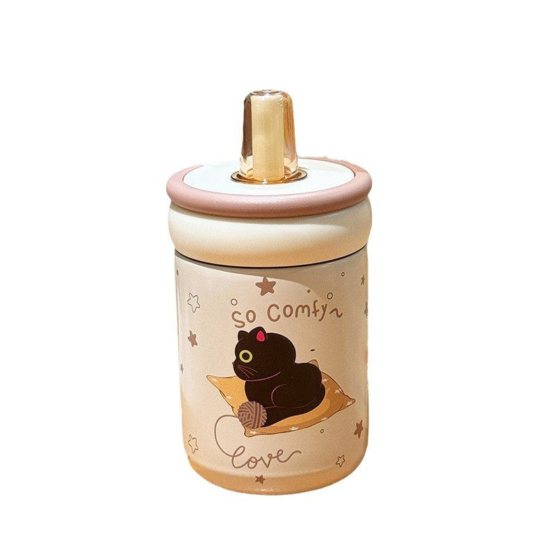 Women's Insulated Plastic Drinking Cup Double-Walled with Secure Flip Lid and Cat Design