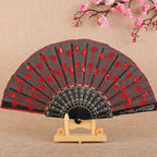 Handmade Ladies Fan Black Fabric Wood Blue Floral Embroidered Design