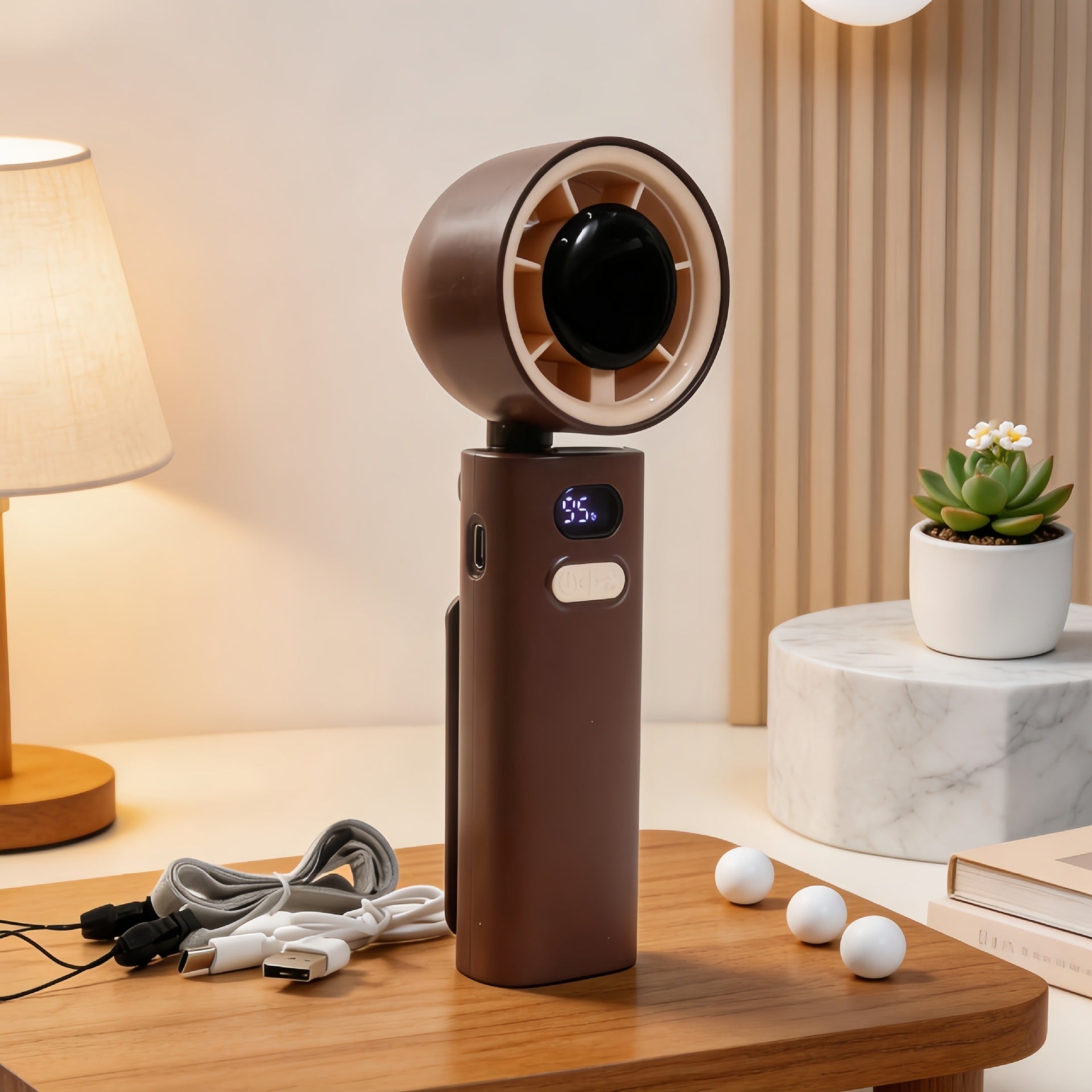Portable USB Rechargeable Personal Fan with Display and Carrying Strap Compact Cooling