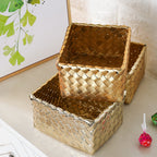 Unisex Decorative Storage Container with Hand-Woven Golden Surface Compact Organizer Box 17x14x9 cm