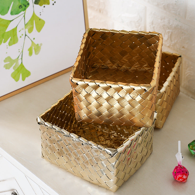 Unisex Decorative Storage Container with Hand-Woven Golden Surface Compact Organizer Box 17x14x9 cm
