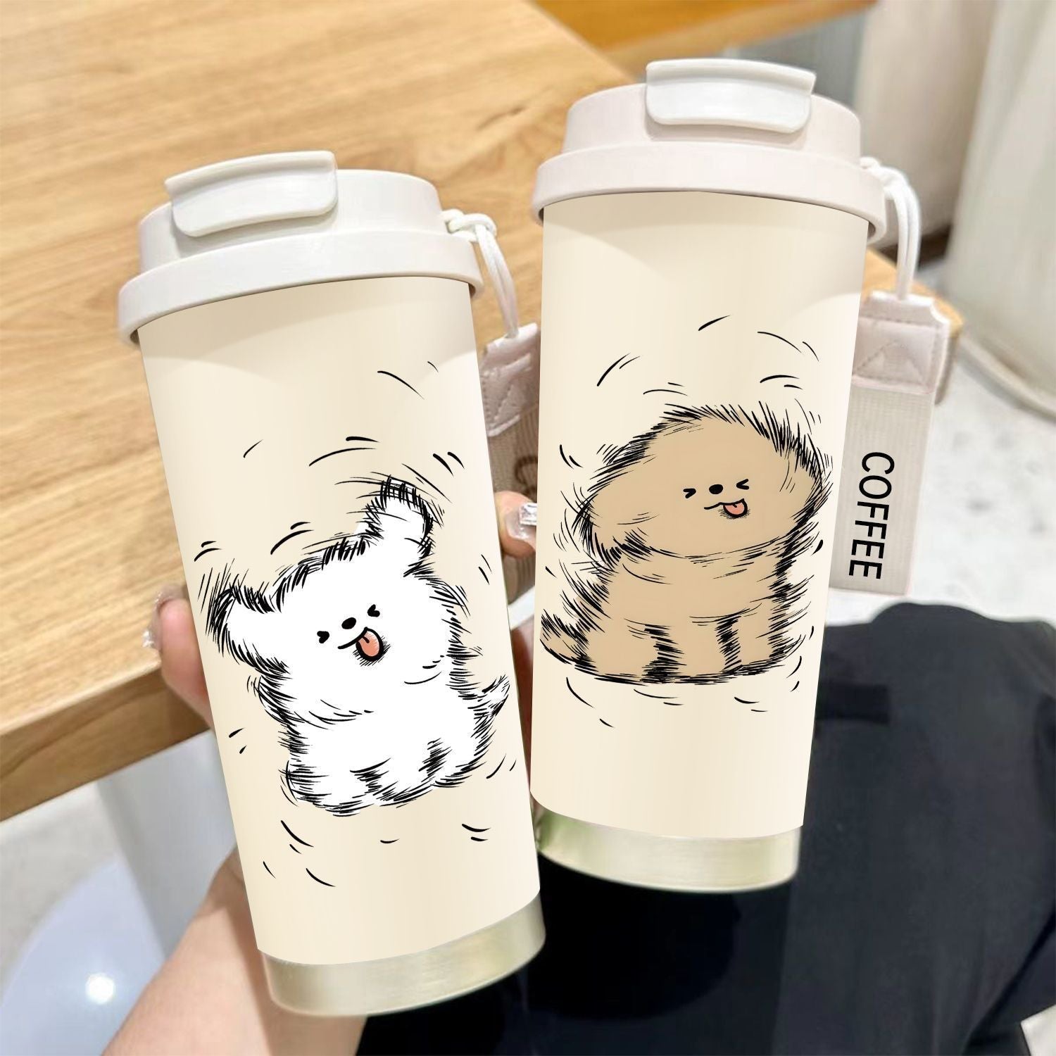 Ladies Insulated Travel Cup Double-Walled BPA-Free Plastic with Animal Motif and Carry Handle