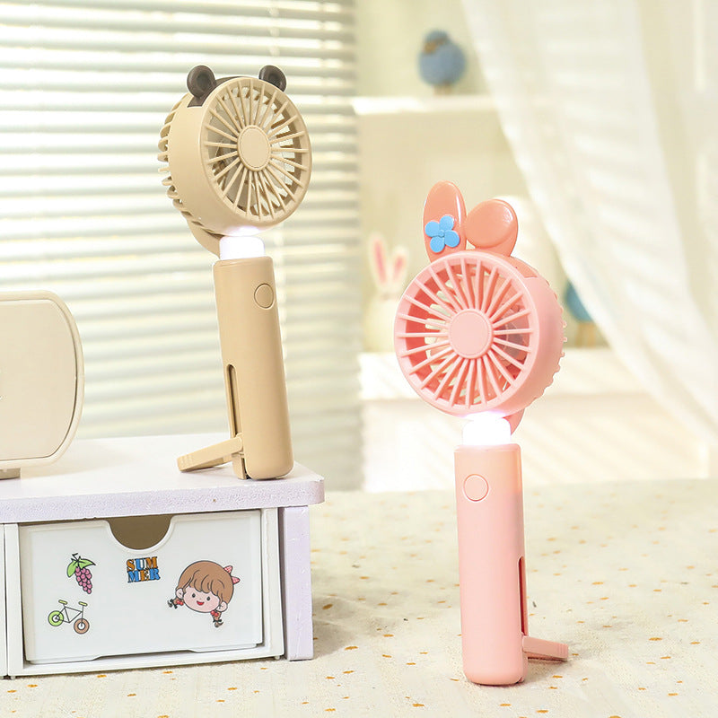 Portable Handheld Fan with LED Light and Animal Ear Design USB Rechargeable Quiet Operation