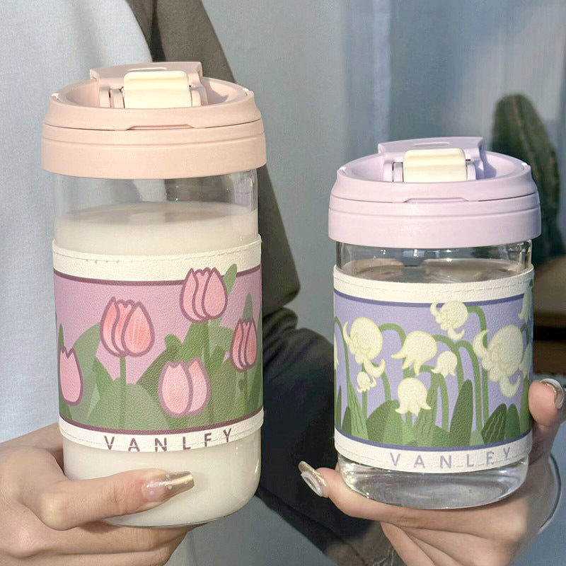 Ladies Insulated Drinking Cup with Floral Pattern Silicone Lid Flip-Top Spill Proof