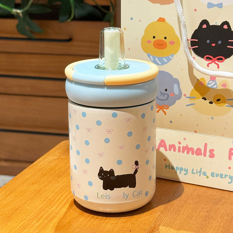 Women's Insulated Plastic Drinking Cup Double-Walled with Secure Flip Lid and Cat Design