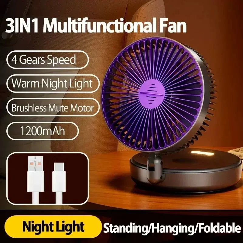 Rechargeable Foldable USB Type C Desk Fan with Adjustable Tilt and LED Night Light