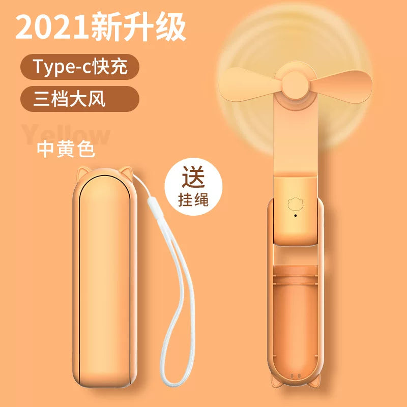 Foldable Rechargeable Mini Handheld Fan with Power Bank USB-C USB-A Ports and Wrist Strap