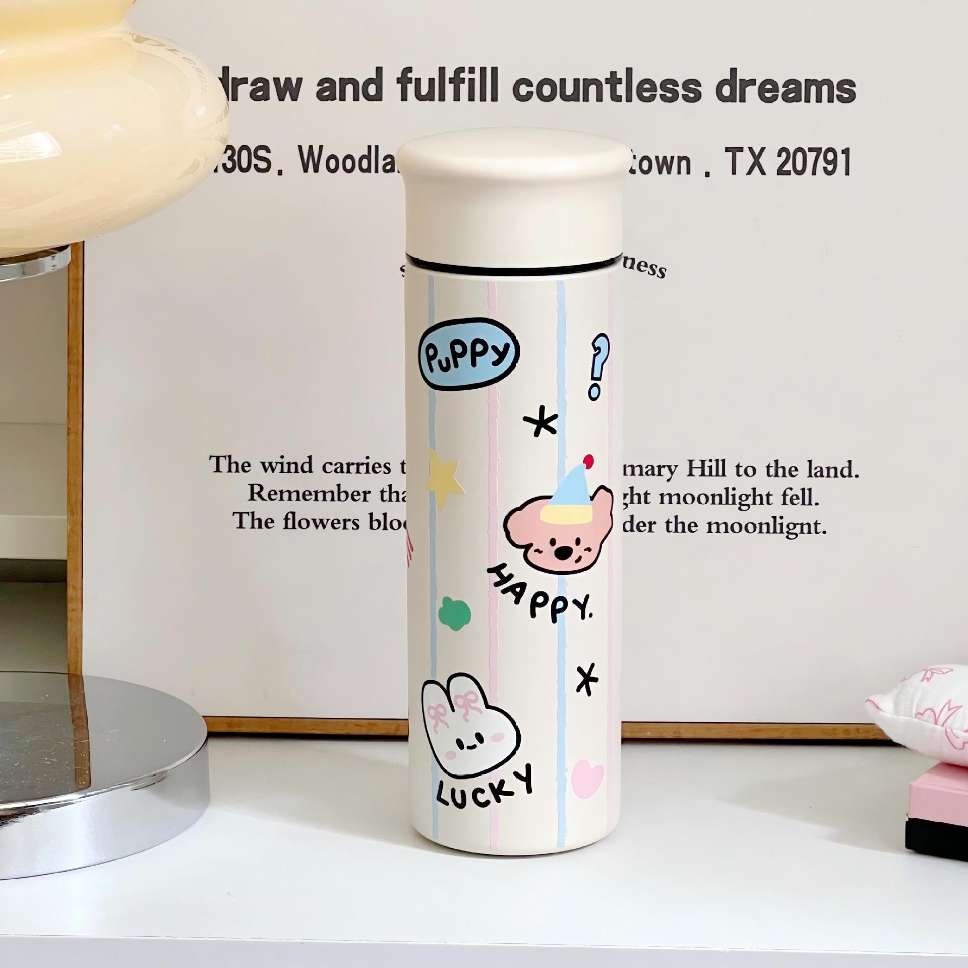 Insulated Stainless Steel Water Bottle for Women with Cute Dog Design Leak-Proof Lid