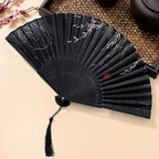 Handmade Bamboo Folding Fan Women’s Hand-Painted Willow Pattern Decorative Tassel