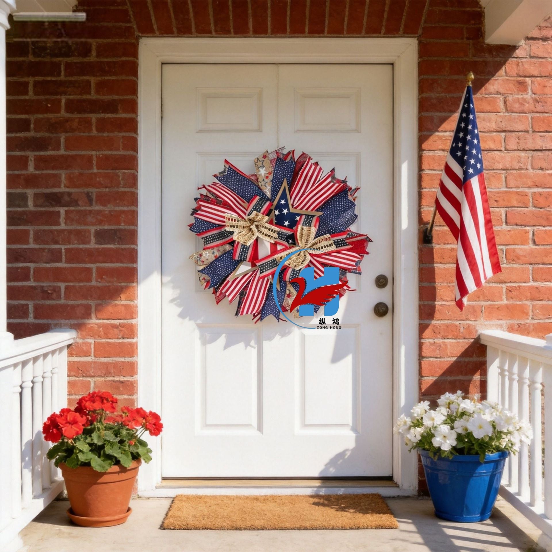 Unisex Patriotic Star Door Wreath Handmade Wood and Jute Ribbon Rustic Decoration
