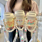 Women's Insulated Water Bottle with Pearl Carrying Strap Leak-Proof Hot Cold Flask
