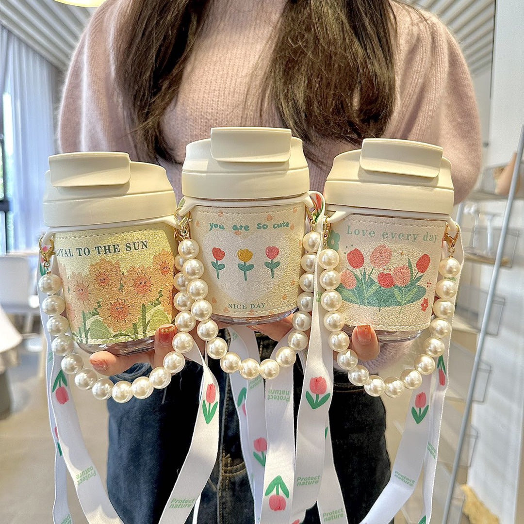 Women's Insulated Water Bottle with Pearl Carrying Strap Leak-Proof Hot Cold Flask