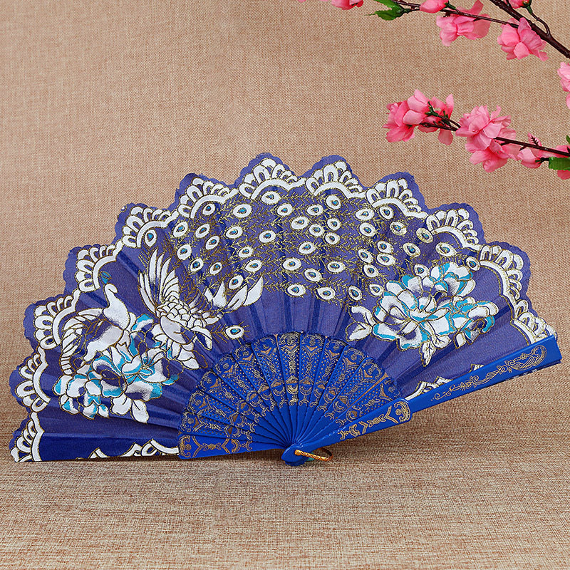 Women Folding Hand Fan Embroidered Pink Fabric and Wood Portable Accessory