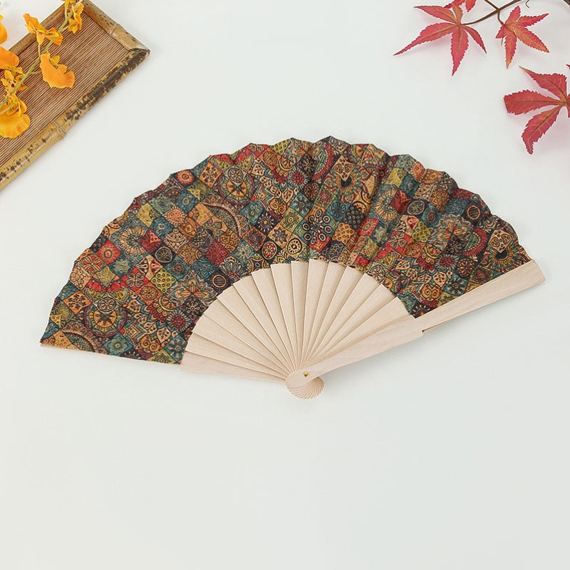 Women's Handmade Wooden Fan with Floral Motifs Elegant Fabric Folding Fan