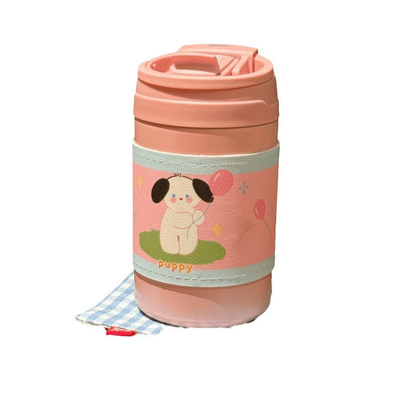 Women's Insulated Plastic Coffee Mug Double-Walled Flip Lid Cute Rabbit Design
