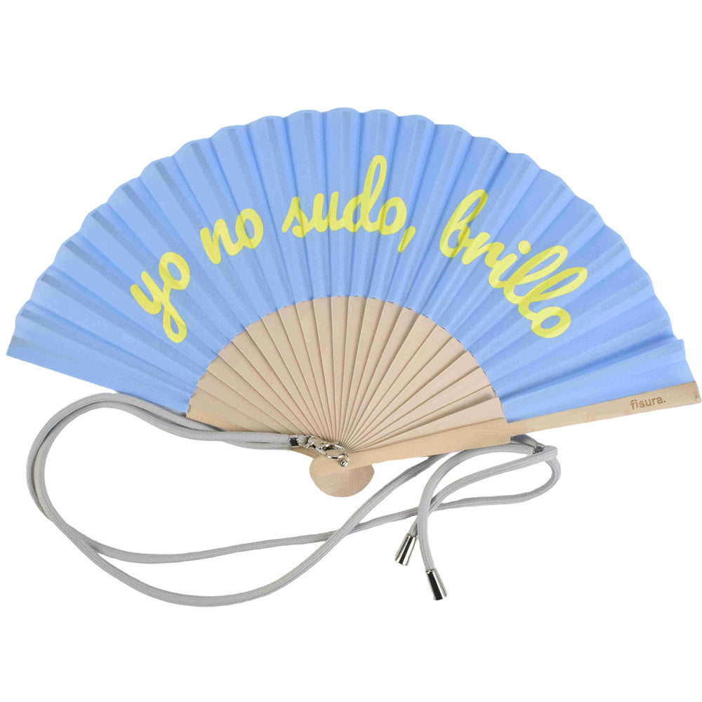 Ladies Designer Hand Fan Bamboo Frame Personalized Inscription Blue Yellow