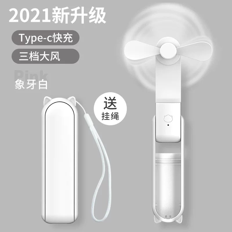 Foldable Rechargeable Mini Handheld Fan with Power Bank USB-C USB-A Ports and Wrist Strap