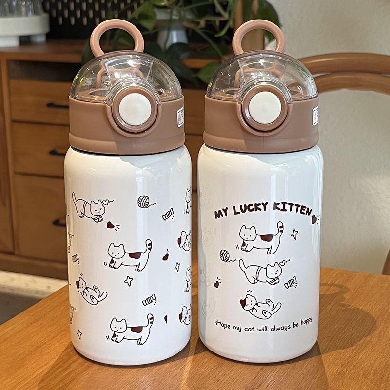 Unisex Water Bottle with Funny Cat Pattern Leak-Proof Flip-Top Lid Durable and Dishwasher Safe