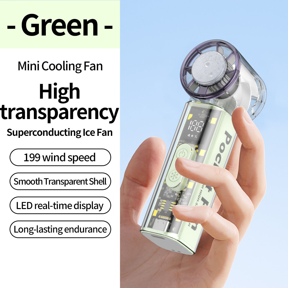 Portable Mini Fan with Transparent Housing LED Display Lightweight Compact