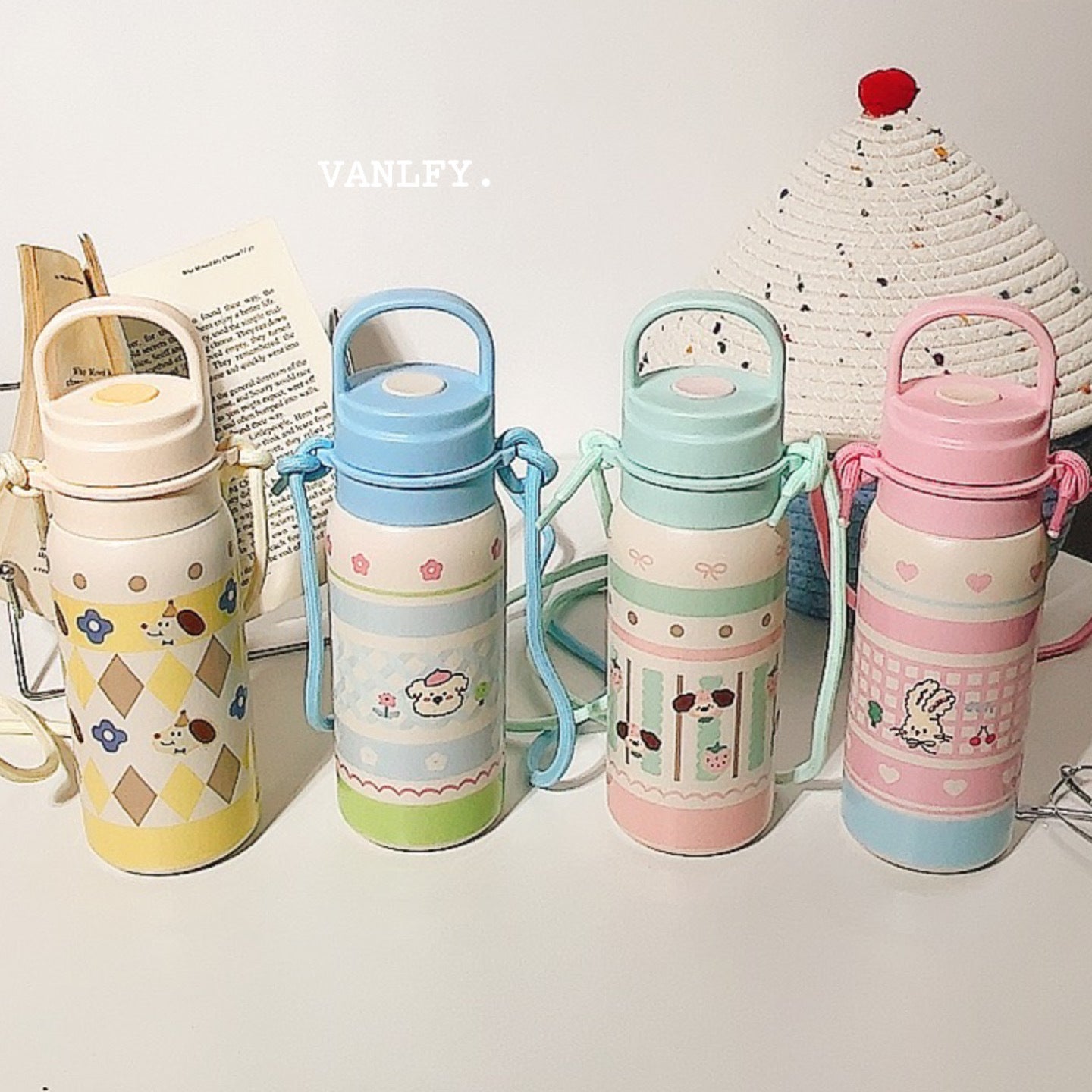 Women's Insulated Water Bottle BPA-Free Plastic Animal Design with Carrying Strap Leak-Proof